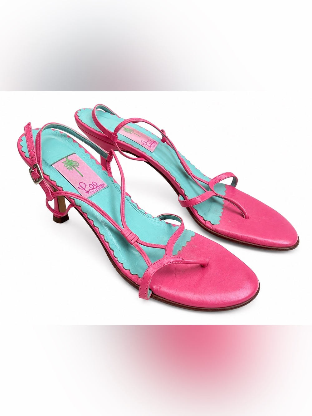 Vintage Y2K Lilly Pulitzer Pink & Aqua Leather Strappy Heels | Made in Italy